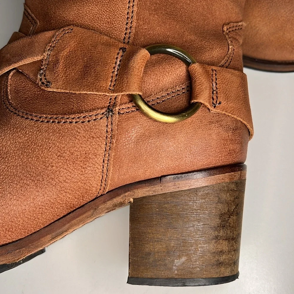 Johnston & Murphy Mid Calf Brown Leather Moto Style Pull On Harness Boots Size 8 - Picture 4 of 16